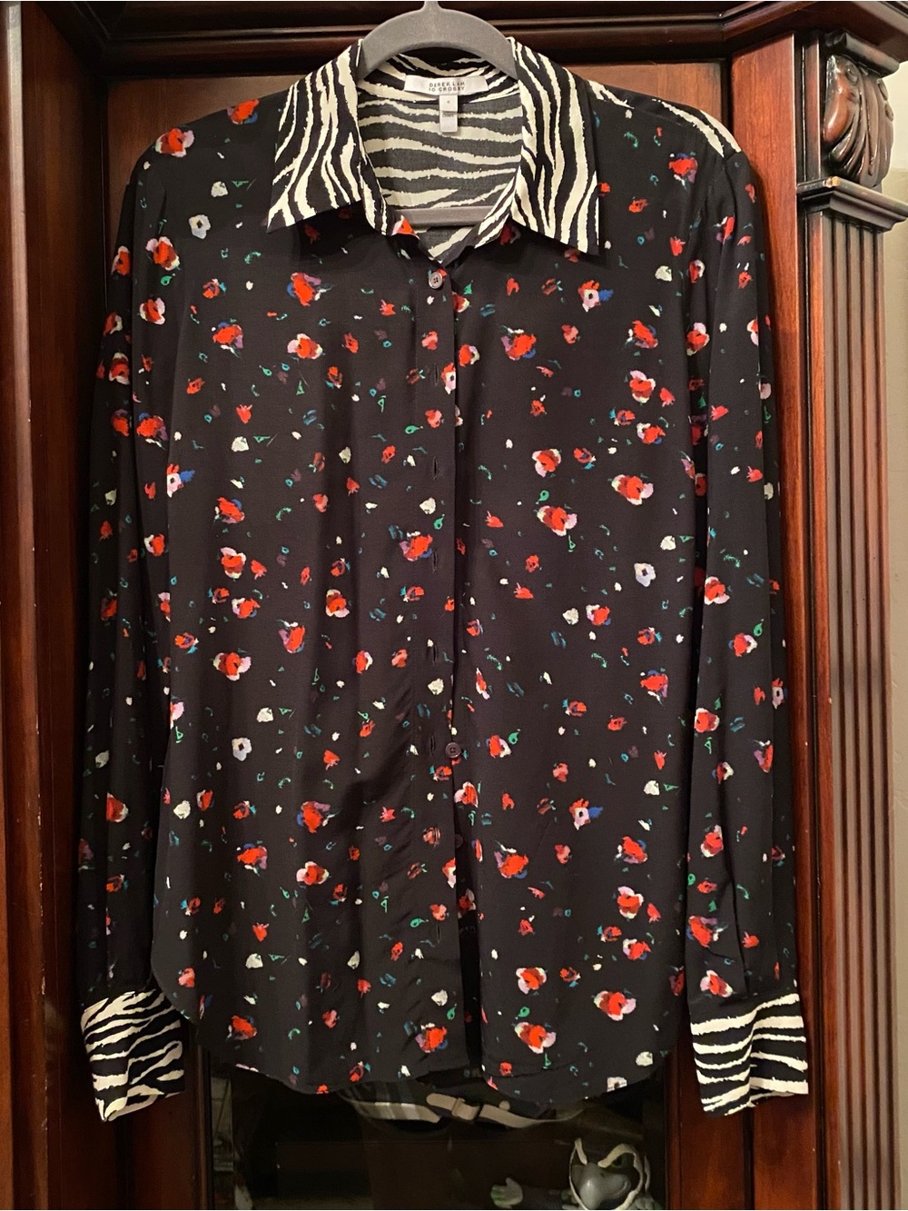 Derek Lam Mixed Media Zebra And Floral Blouse Kosma Button Down sz 6 (MSRP $375)